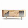 Wooden sideboard with geometric design and glass doors 150 x 40 x 75cm