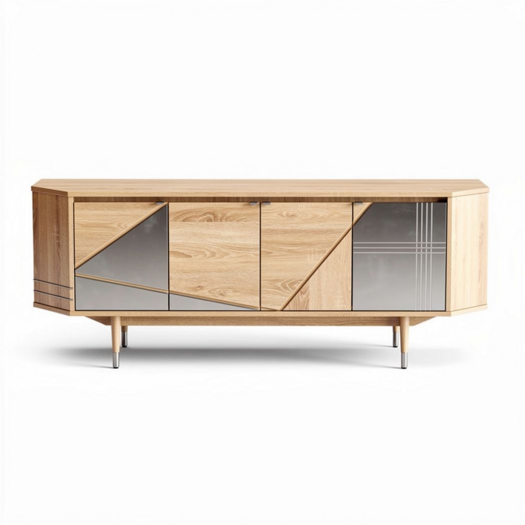 Wooden sideboard with geometric design and glass doors 150 x 40 x 75cm