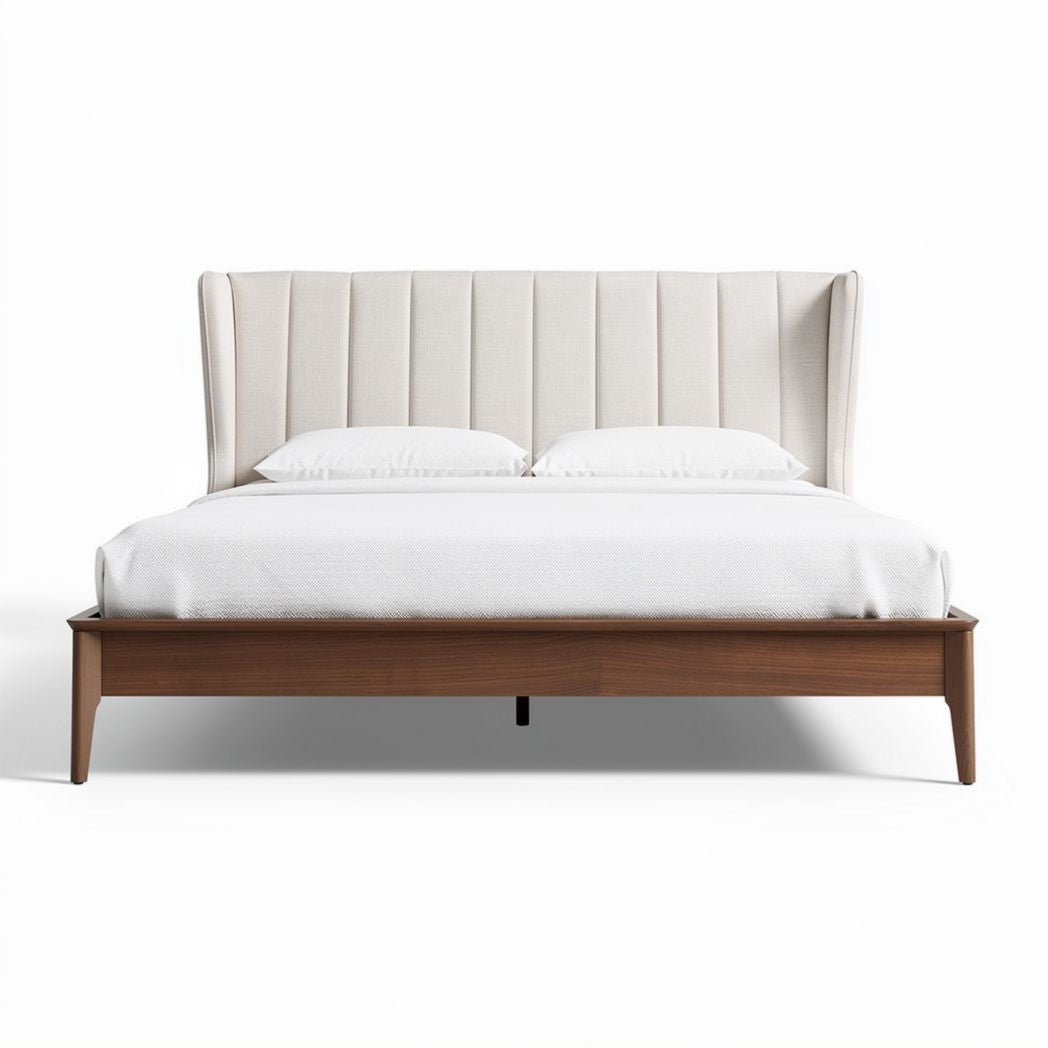 Upholstered king size bed with wooden frame and wingback design 210 x 180 x 100cm