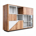 Modern wooden storage cabinet with glass doors and geometric design 150 x 40 x 100cm