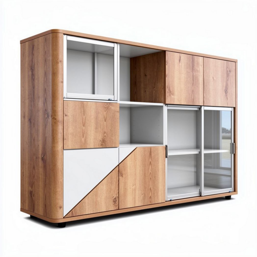Modern wooden storage cabinet with glass doors and geometric design 150 x 40 x 100cm
