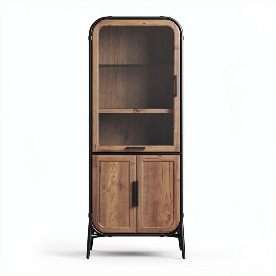 Wooden and metal display cabinet with glass doors 120 x 50 x 180cm