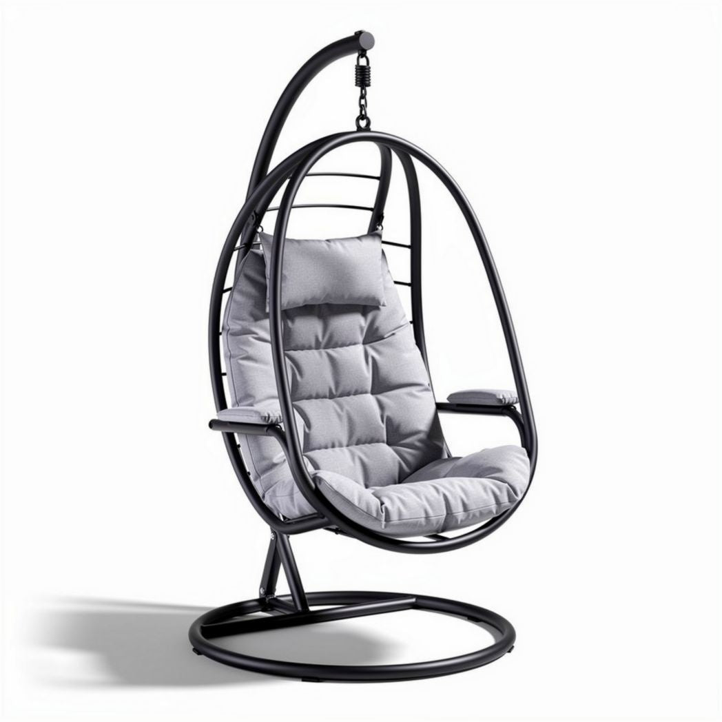 Hanging egg chair with cushioned seat and steel frame in gray 100 x 90 x 150cm