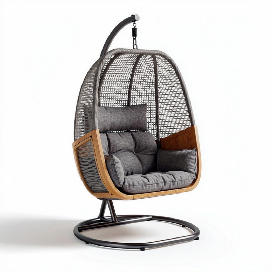 Suspended outdoor swing chair with woven rattan and steel frame in gray 100 x 80 x 120cm