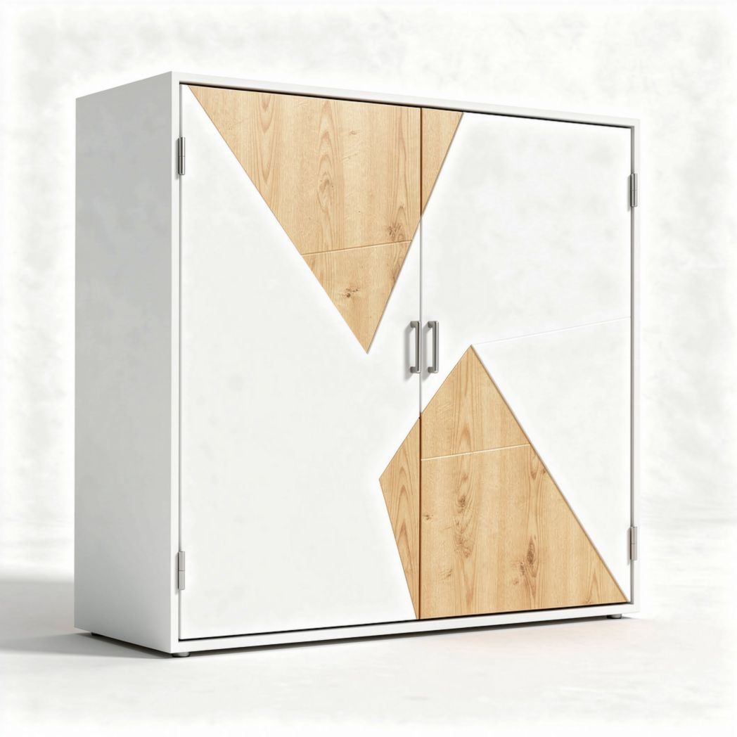 Wood and white modern storage cabinet with geometric design 80 x 40 x 90cm