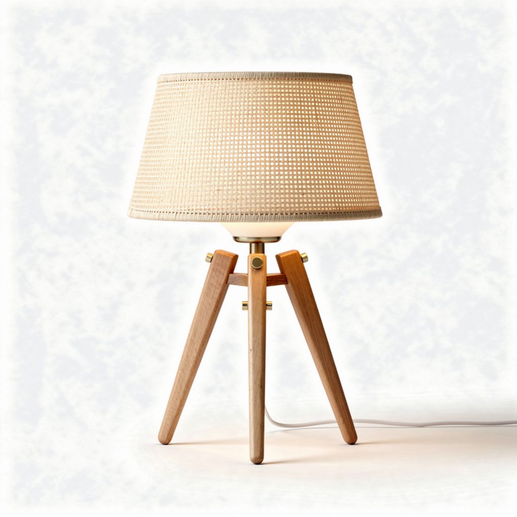 Wooden tripod table lamp with woven fabric shade 35 x 35 x 60cm