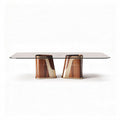 Glass top dining table with wooden base and gold accents 200 x 100 x 75cm
