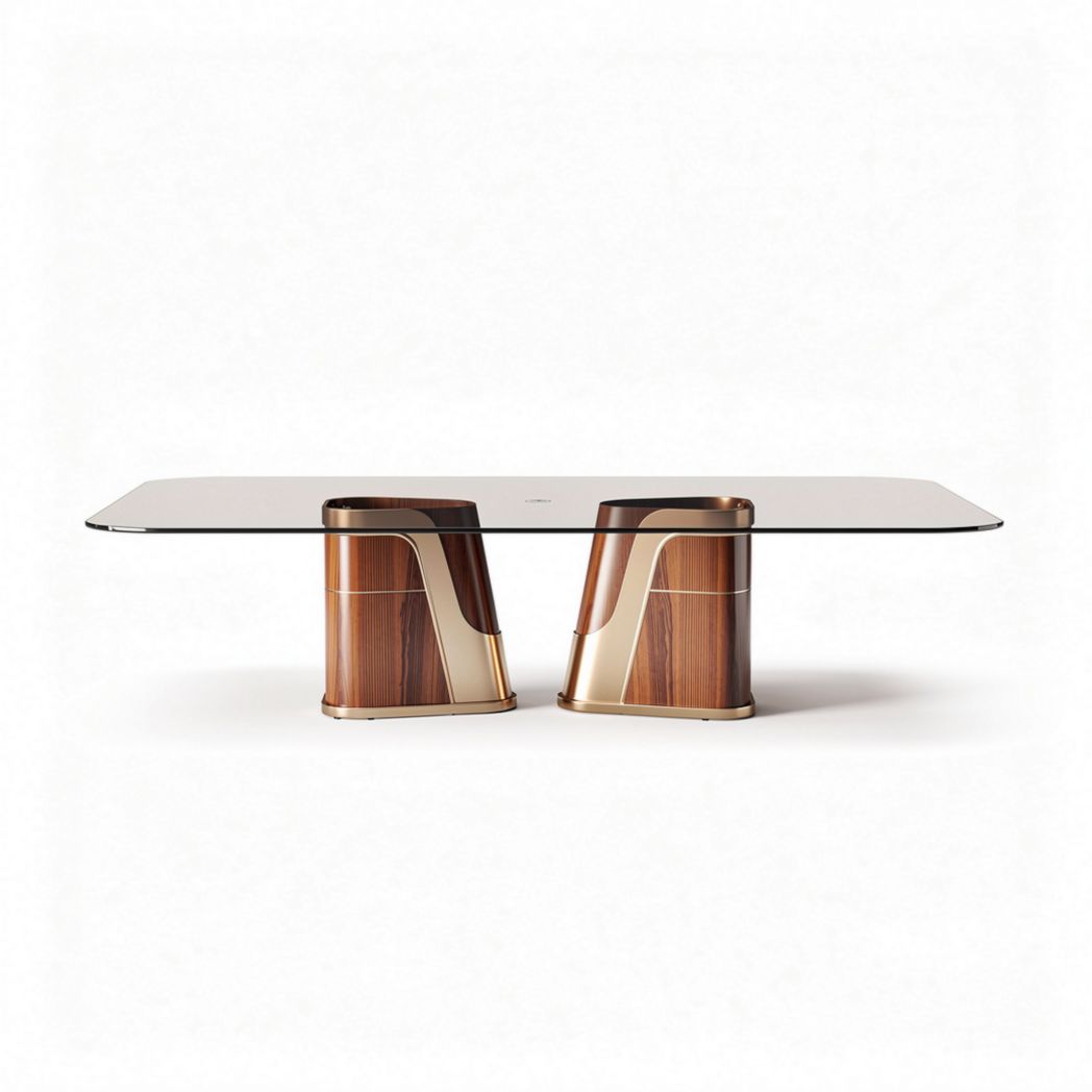 Glass top dining table with wooden base and gold accents 200 x 100 x 75cm