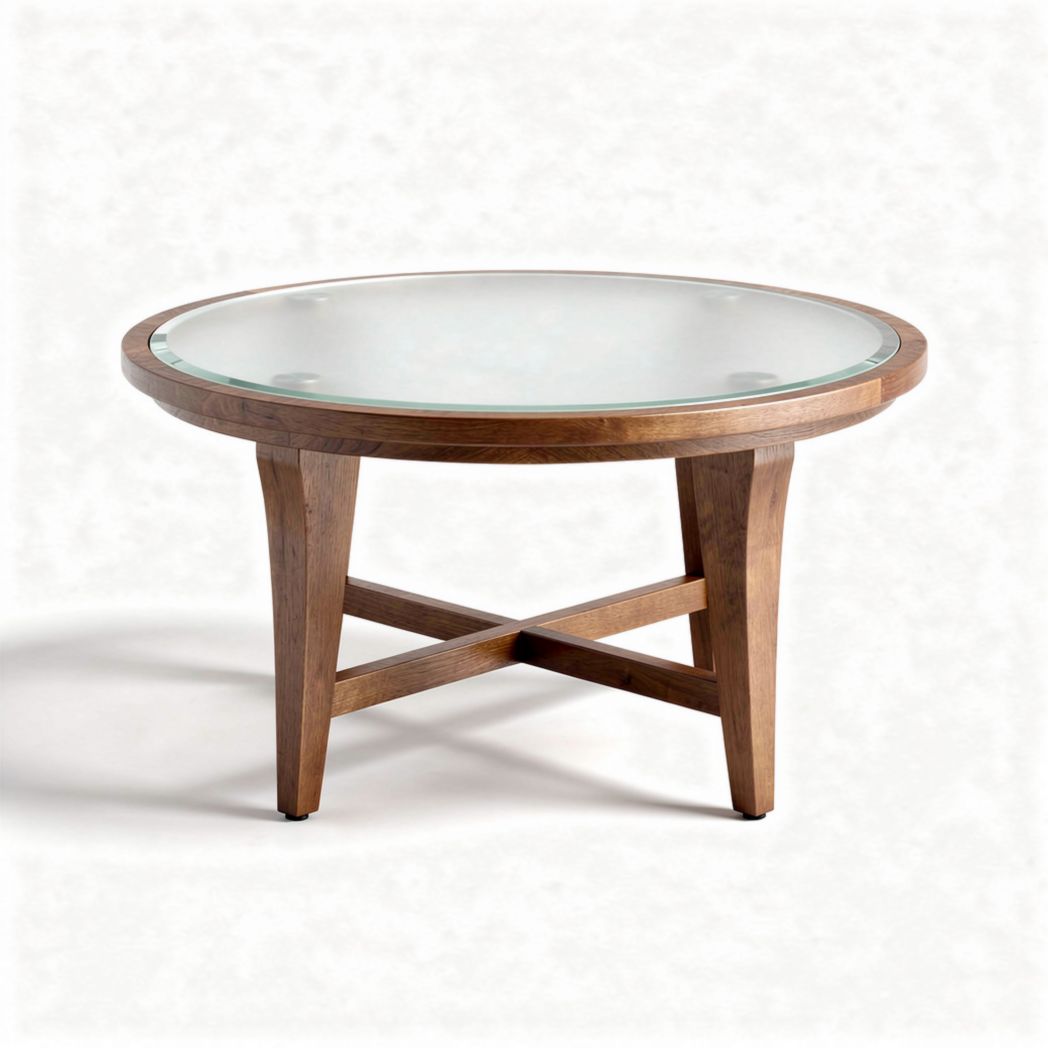 Round glass top coffee table with wooden base 80 x 80 x 40cm
