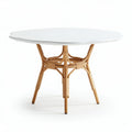 Round white tabletop with rattan base dining table for indoor outdoor use