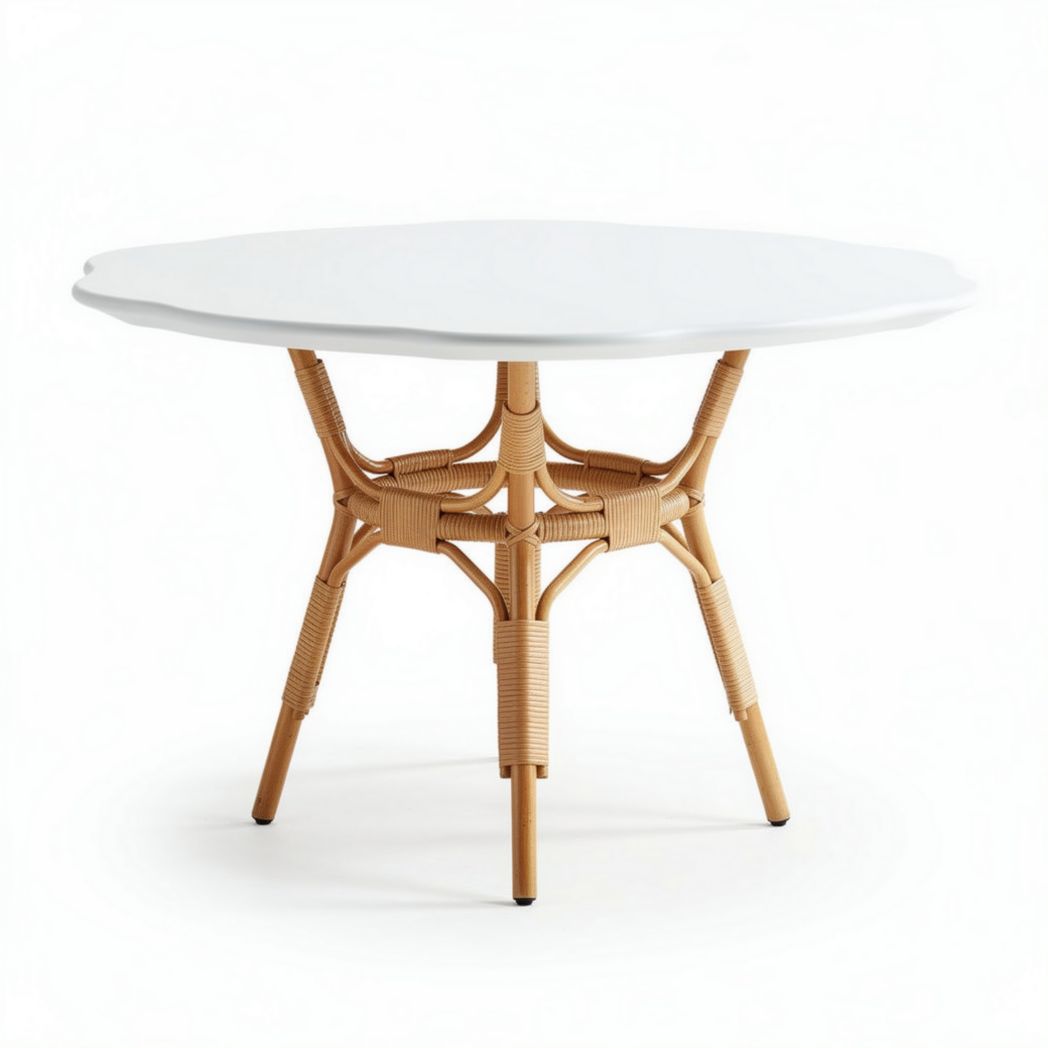 Round white tabletop with rattan base dining table for indoor outdoor use